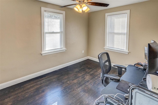 home office featuring ceiling fan and dark hardwood / wood-style floors