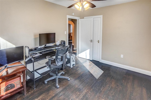 office space featuring dark wood-type flooring and ceiling fan