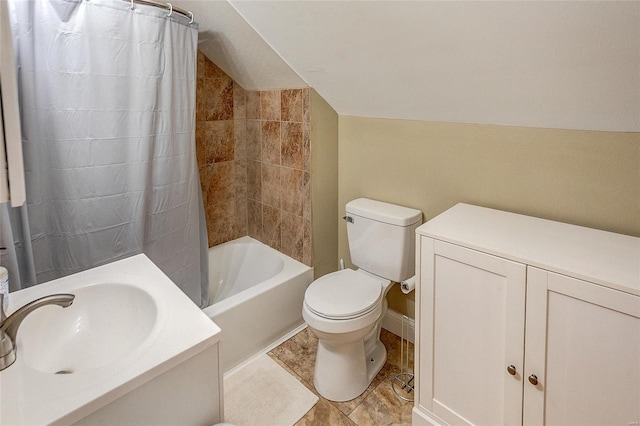 full bathroom with lofted ceiling, sink, toilet, and shower / bathtub combination with curtain