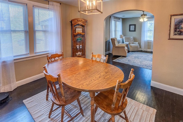 dining room featuring dark hardwood / wood-style flooring and ceiling fan with notable chandelier