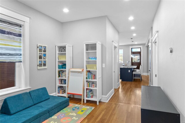 living area with sink and hardwood / wood-style flooring