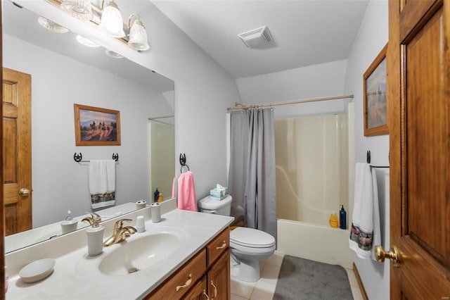 full bathroom with shower / tub combo, vanity, lofted ceiling, tile patterned floors, and toilet