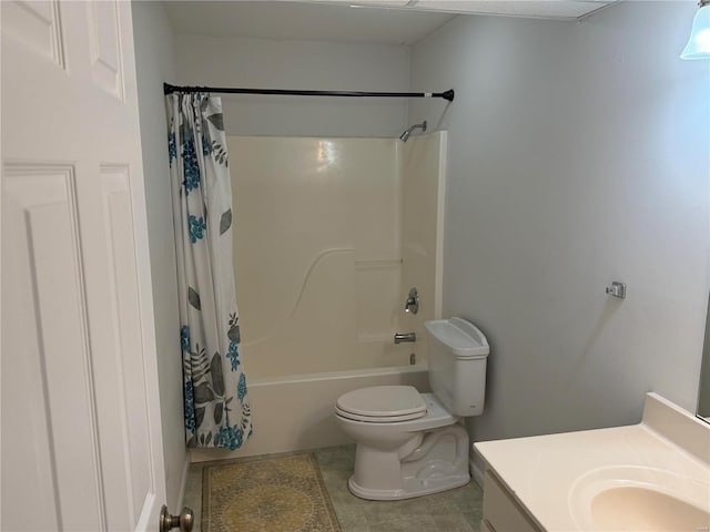 full bathroom featuring toilet, vanity, shower / tub combo with curtain, and tile patterned flooring