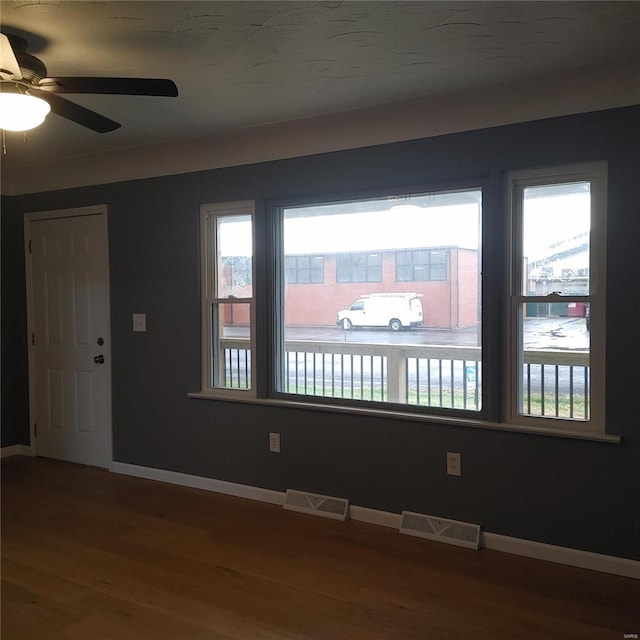 spare room featuring plenty of natural light, wood-type flooring, and ceiling fan