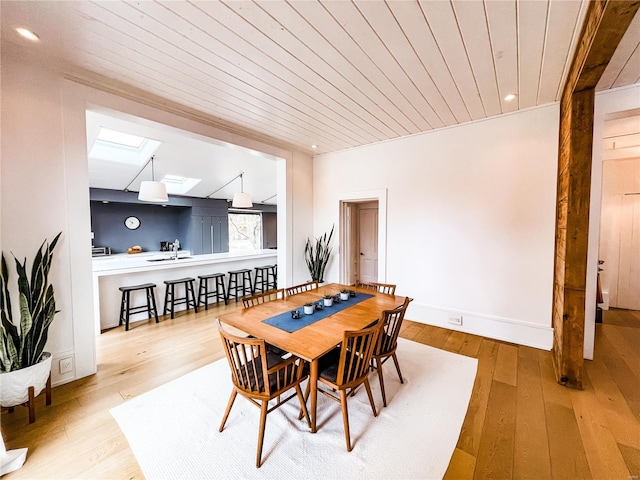 dining space featuring a skylight, wood ceiling, sink, and hardwood / wood-style flooring