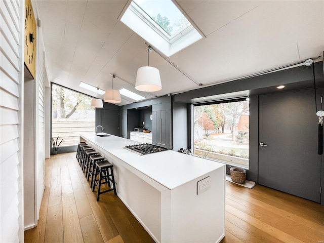 kitchen with pendant lighting, a skylight, hardwood / wood-style floors, and a breakfast bar area