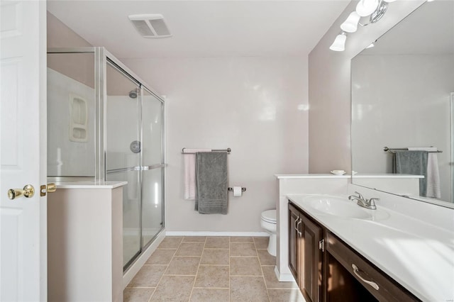 bathroom featuring vanity, toilet, visible vents, and a stall shower