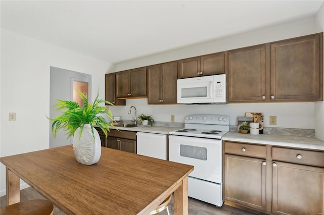 kitchen featuring dark hardwood / wood-style floors, dark brown cabinetry, white appliances, and sink