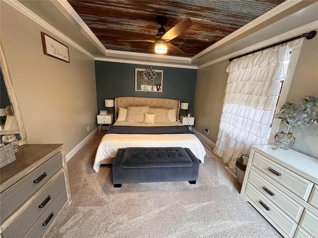 bedroom with light carpet, ceiling fan, crown molding, and wood ceiling