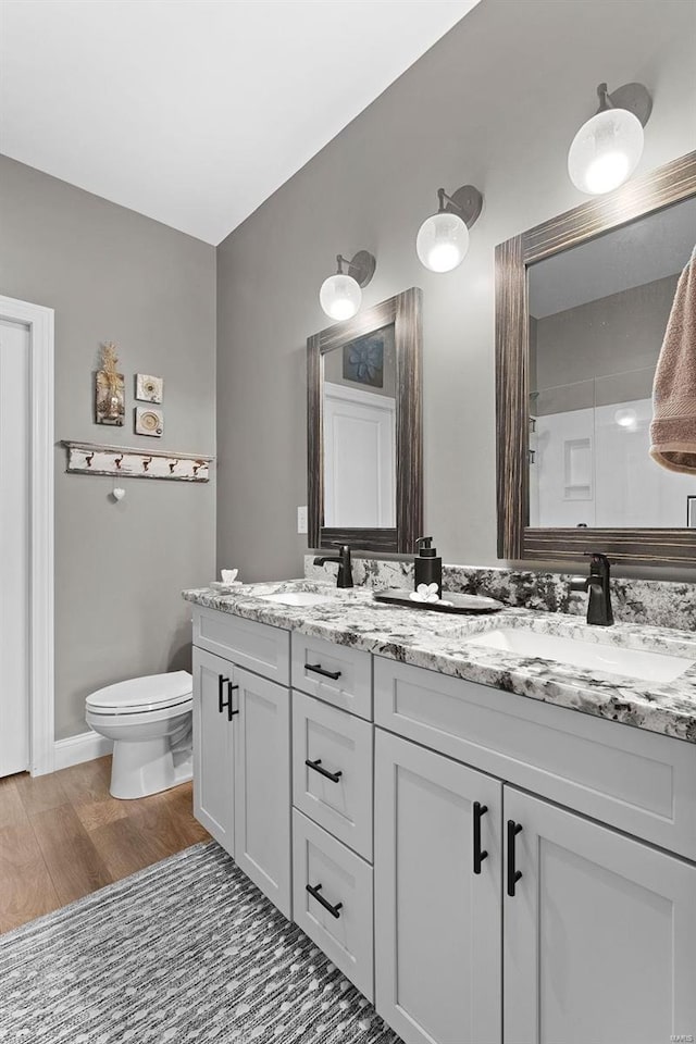 bathroom with vanity, hardwood / wood-style floors, and toilet