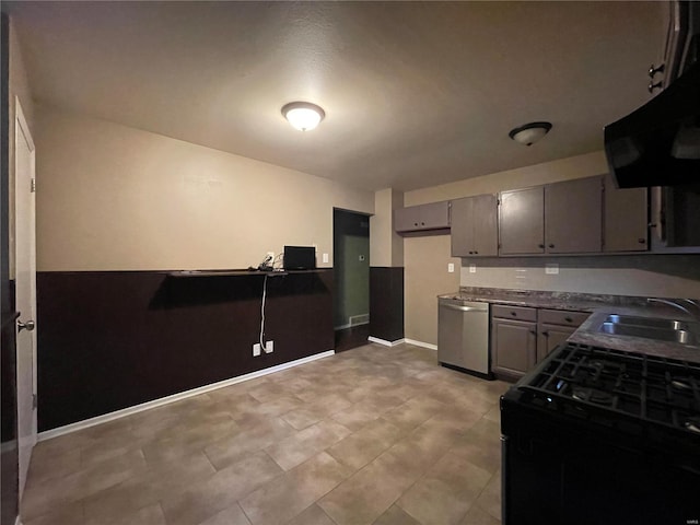 kitchen featuring black stove, extractor fan, gray cabinets, sink, and stainless steel dishwasher