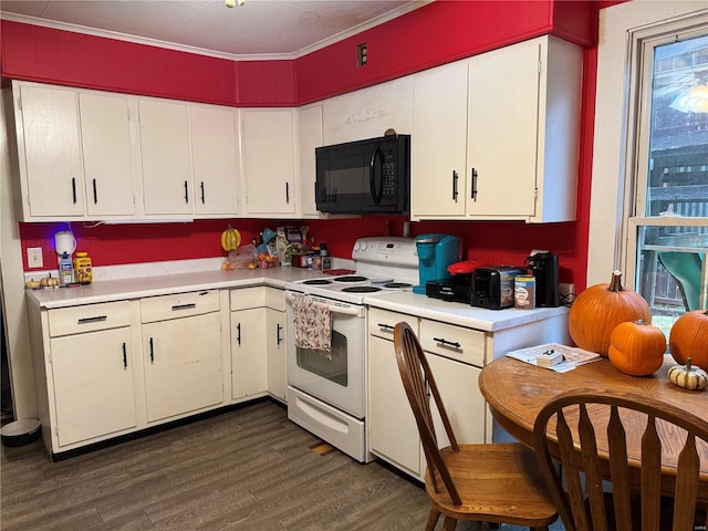 kitchen with white electric stove, dark wood-type flooring, ornamental molding, and white cabinets