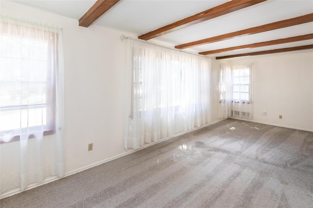 spare room with carpet floors and beamed ceiling