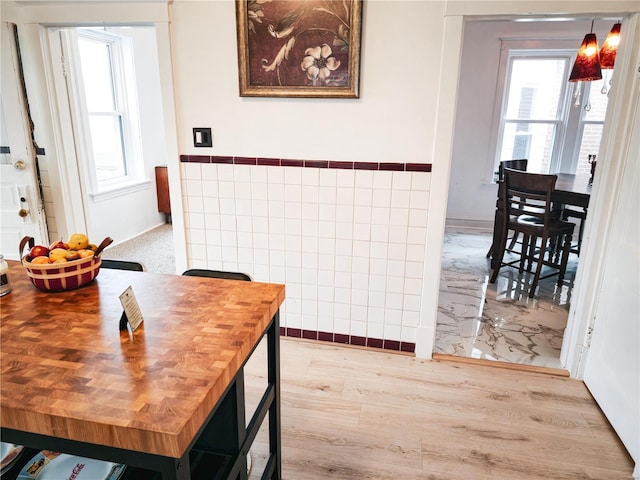 dining area featuring tile walls and light hardwood / wood-style floors