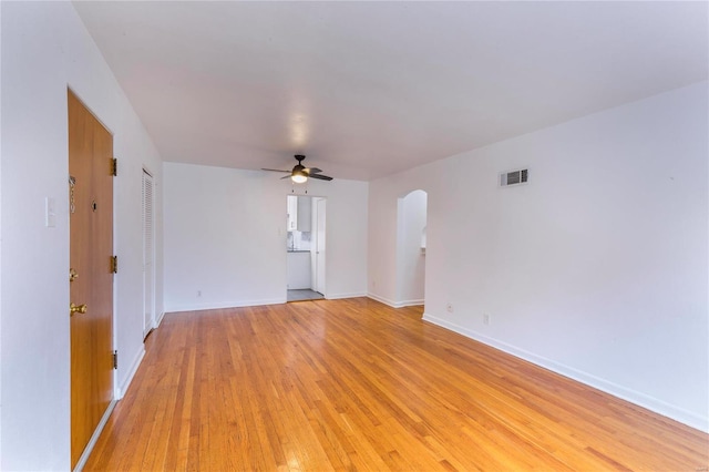 interior space with ceiling fan and light wood-type flooring