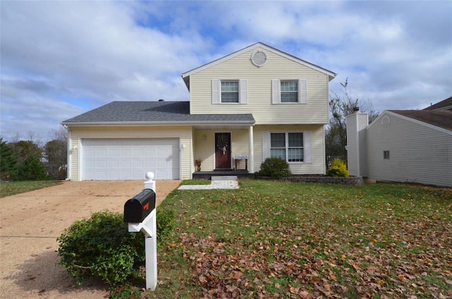 front facade with a garage and a front lawn