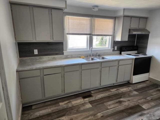 kitchen featuring dark hardwood / wood-style flooring, white electric stove, and sink