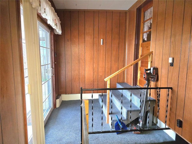 interior space with carpet and wood walls