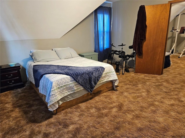 bedroom with lofted ceiling and carpet floors