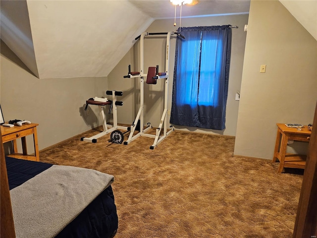 exercise area featuring carpet and vaulted ceiling