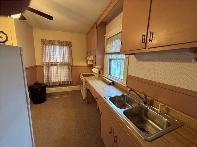 kitchen with ceiling fan, white appliances, and sink