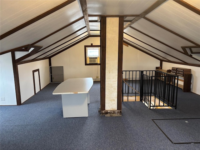 additional living space featuring carpet, vaulted ceiling with beams, and cooling unit