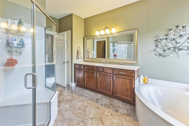 bathroom with plus walk in shower and vanity