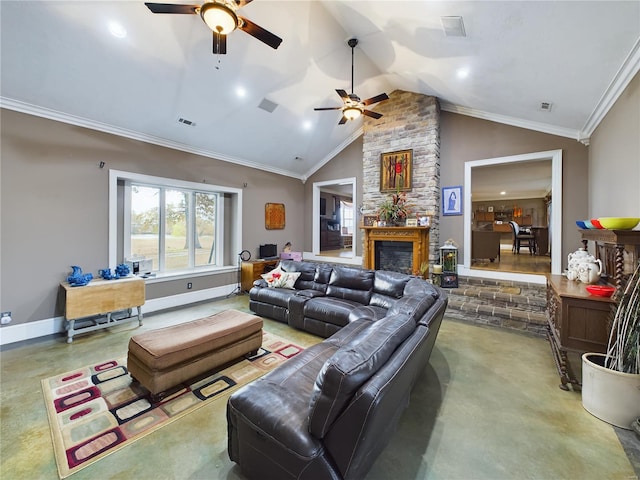 living room with ceiling fan, a fireplace, crown molding, and high vaulted ceiling