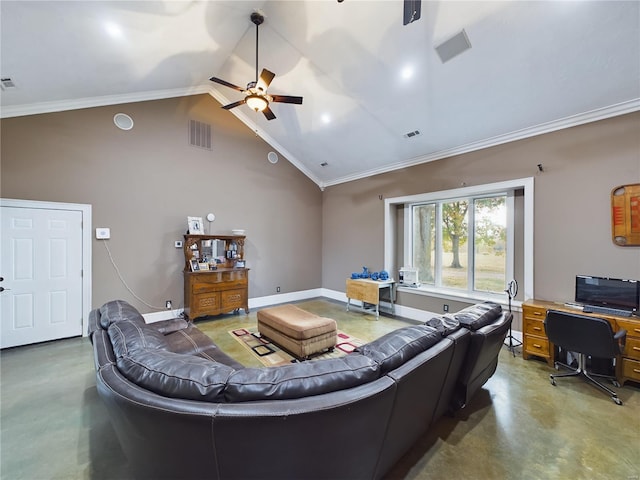 living room featuring ceiling fan, high vaulted ceiling, concrete floors, and ornamental molding