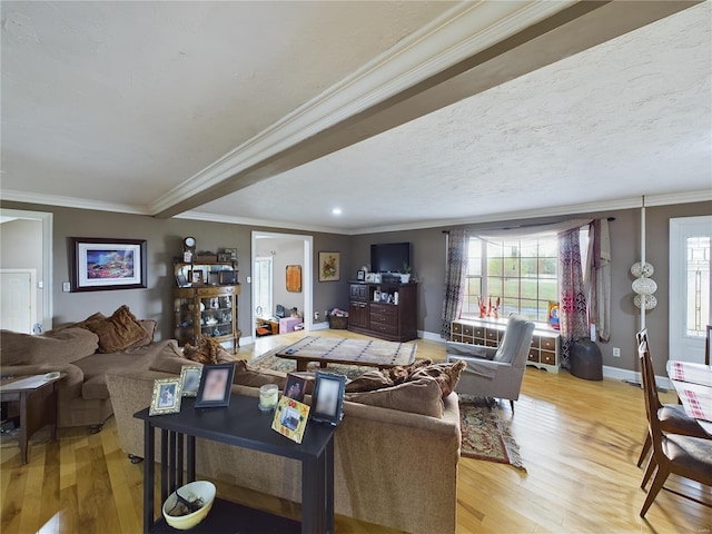 living room with light hardwood / wood-style flooring and ornamental molding