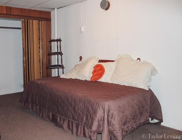 bedroom with wood walls and carpet