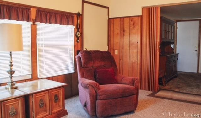 sitting room with light colored carpet and wood walls