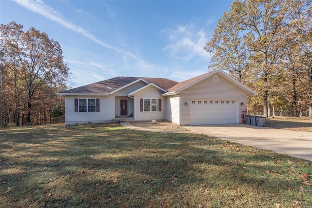 single story home with a garage and a front yard