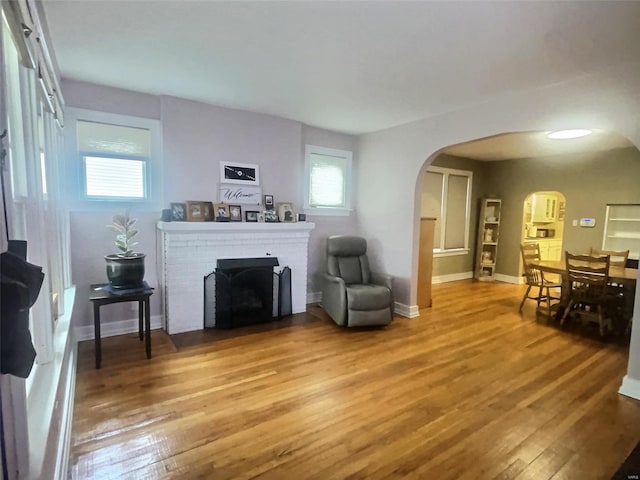 living room featuring hardwood / wood-style floors and a fireplace