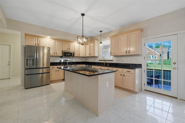 kitchen featuring stainless steel appliances, a kitchen island, pendant lighting, light brown cabinetry, and light tile patterned flooring