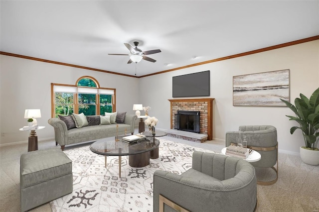 living room featuring light carpet, ceiling fan, ornamental molding, and a brick fireplace