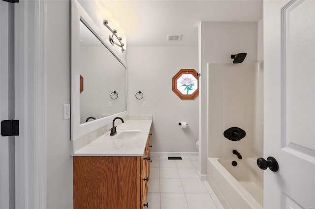 full bathroom with tile patterned flooring, vanity,  shower combination, and toilet