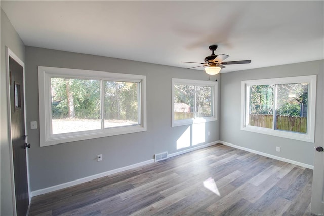 spare room featuring a wealth of natural light, light hardwood / wood-style floors, and ceiling fan