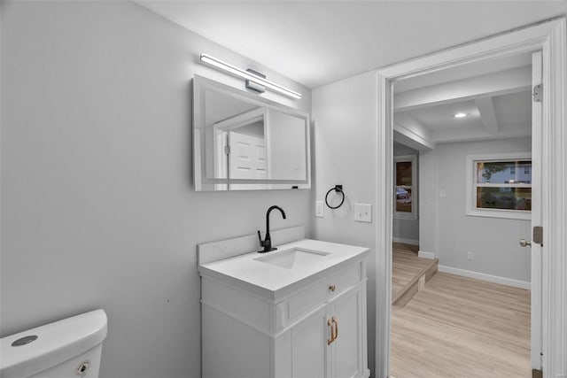 bathroom with vanity, toilet, and wood-type flooring