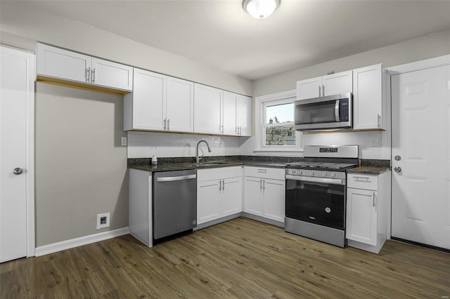 kitchen featuring white cabinetry, stainless steel appliances, sink, and dark hardwood / wood-style floors