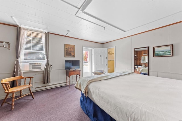 carpeted bedroom with baseboard heating, cooling unit, and crown molding