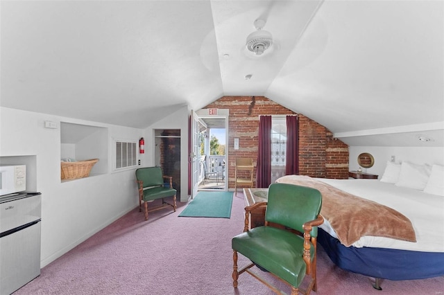 carpeted bedroom with lofted ceiling, ceiling fan, and access to exterior