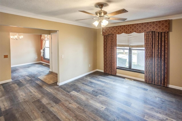 unfurnished room with ceiling fan with notable chandelier, crown molding, and dark wood-type flooring