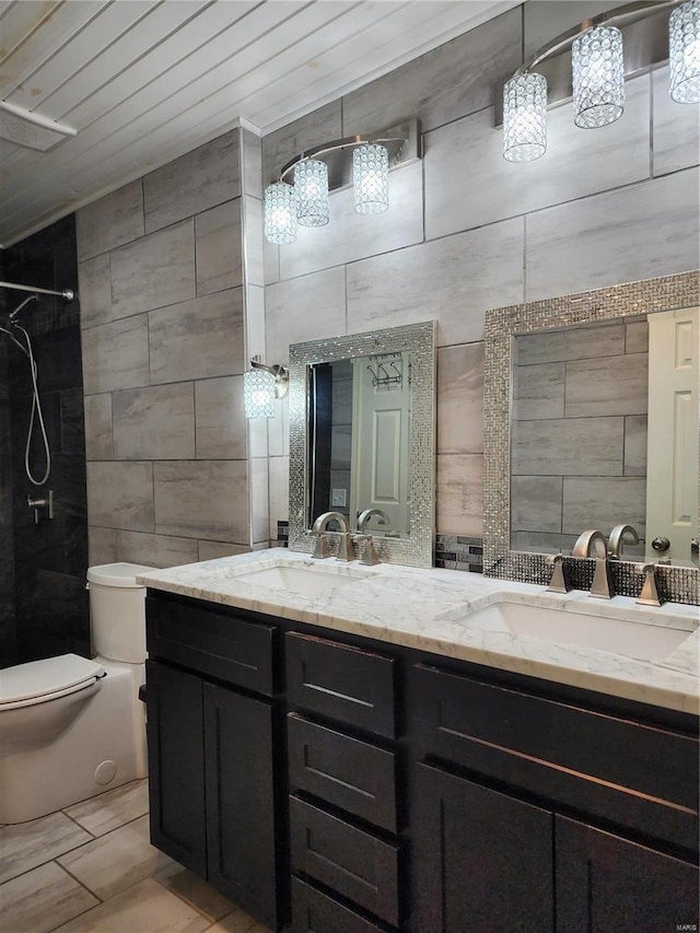 bathroom featuring vanity, a shower, toilet, tile walls, and wood ceiling