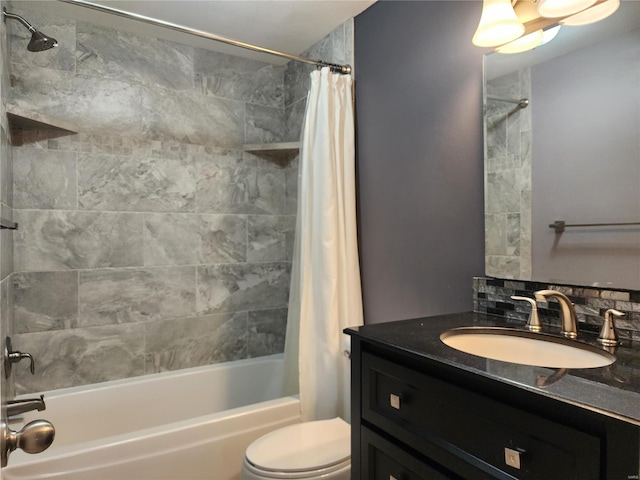 full bathroom with toilet, vanity, backsplash, and shower / tub combo with curtain