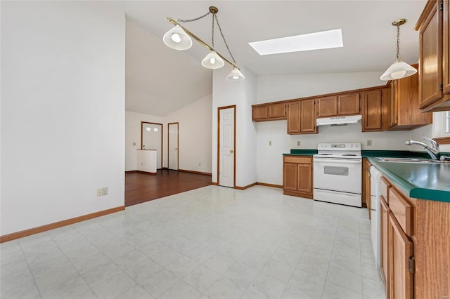 kitchen featuring vaulted ceiling with skylight, sink, decorative light fixtures, and white electric stove