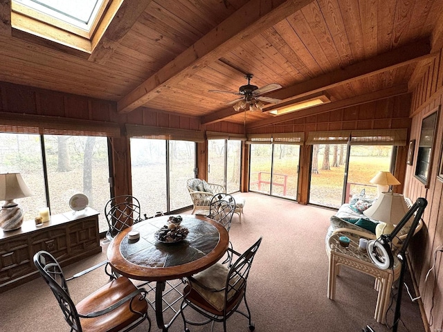 sunroom / solarium featuring vaulted ceiling with skylight, wooden ceiling, and a healthy amount of sunlight