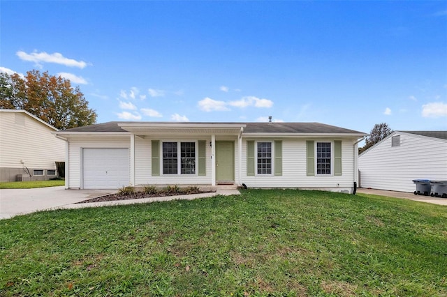 ranch-style home with a front lawn and a garage