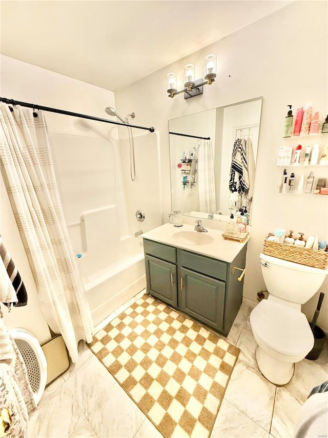 full bathroom featuring vanity, toilet, and shower / bathtub combination with curtain