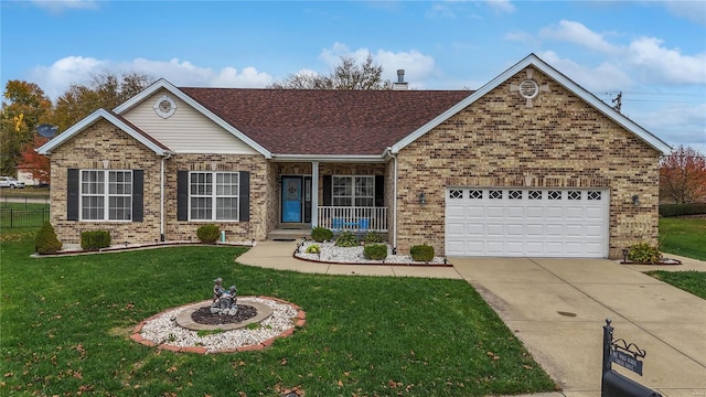 single story home with a front yard, covered porch, and a garage